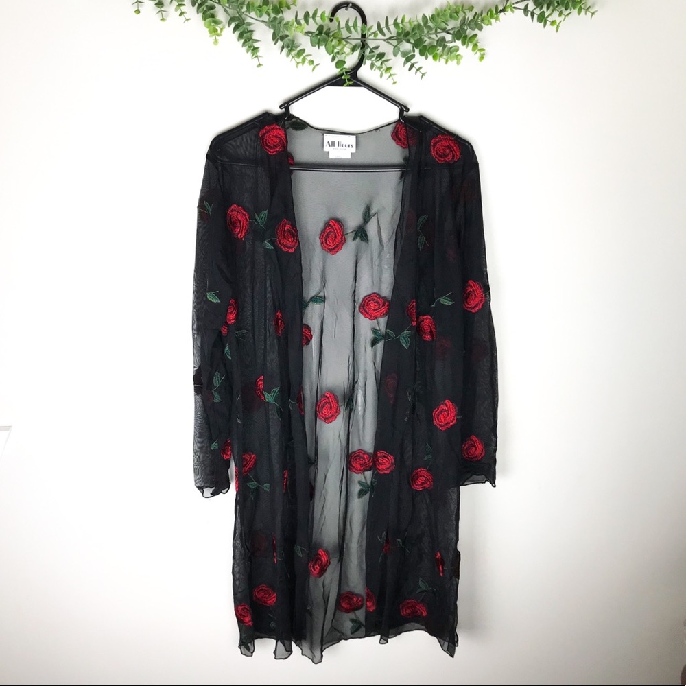 Sheer Black Rose Printed Duster Cardigan